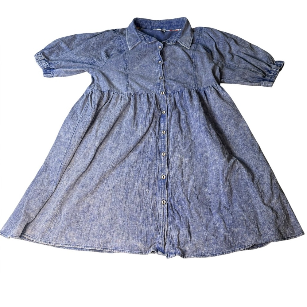 Umgee Mineral Wash Blue Denim Ruffle Puffed Sleeve Babydoll Dress - S - Picture 3 of 9